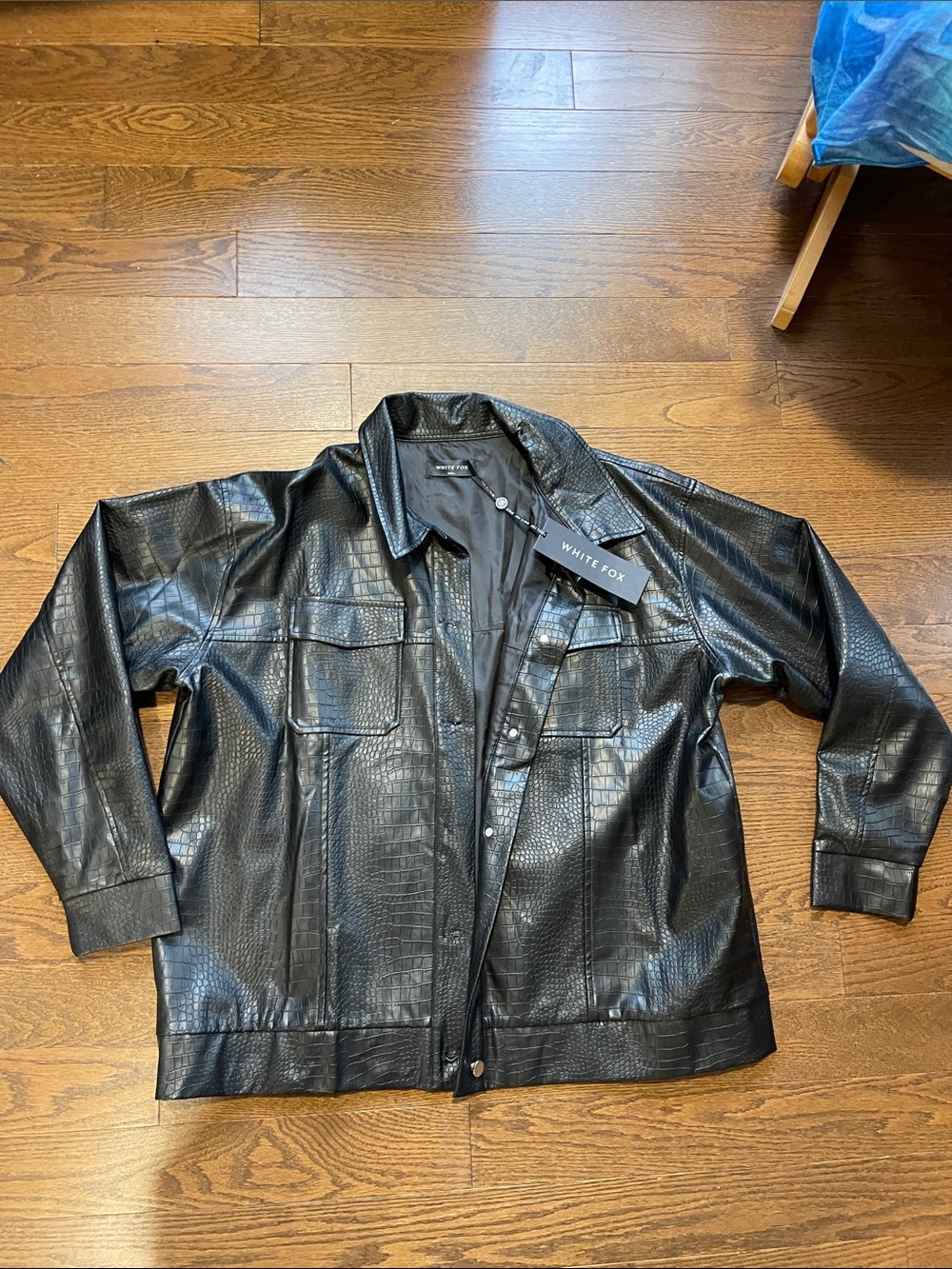 White Fox Boutique Black Faux Leather Croc-Embossed Overshirt Jacket